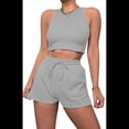 thumbnail image 2 of Conjuntos de Verano para Mujer, Conjunto Informal de 2 Piezas con Top Corto y Pantalones Cortos de Punto Gofre, Ropa de Dormir, Gris XL, 2 of 9