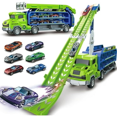 HEYMKGO Car Carrier Truck Toys Set for Kids Age 3-8,20" Race Track and 6 Die-Cast Race Cars