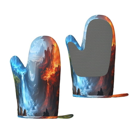 

Lukts Red And Blue Fire Mountains for Silicone Anti-Scalding Gloves Kitchen Lanyard Gloves for Grilling Baking Cooking