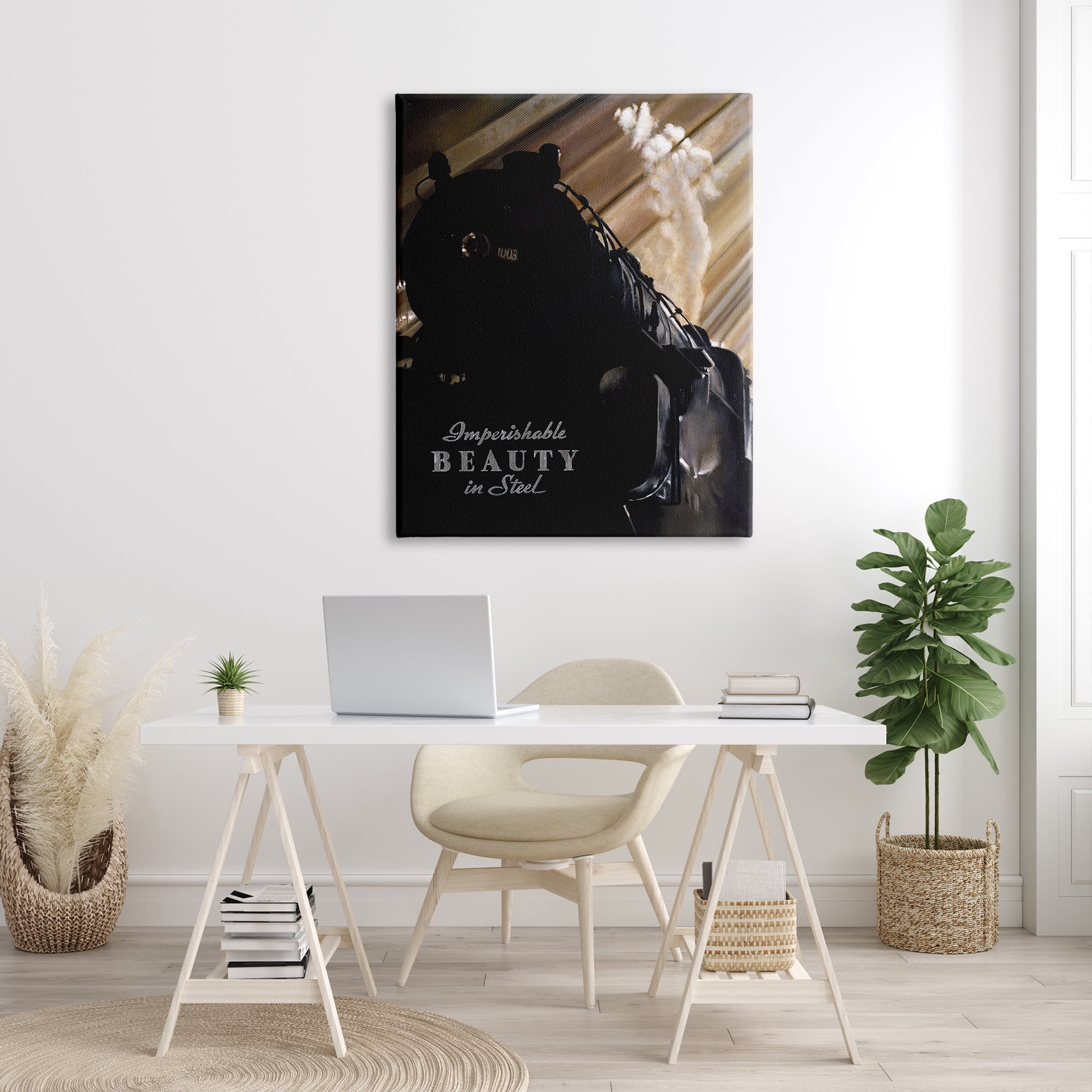 Stupell Industries Black Vintage Train Locomotive Imperishable Beauty Phrase Transportation Painting Gallery Wrapped Canvas Print Wall Art, 36 x 48