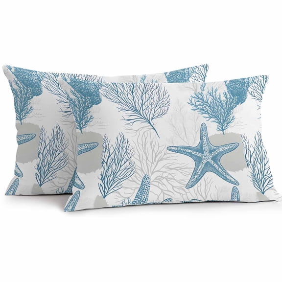 Ocean Beach Outdoor Pillow Covers Pack of 2 Seashell Coral Starfish Waterproof Throw Pillow Covers Decorative Cushion Cases for Patio Garden Tent Balcony Couch 20x12 inch