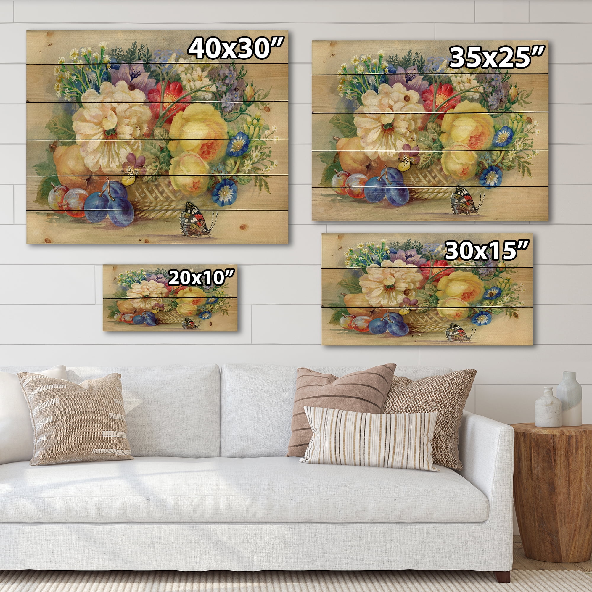 Designart 'Vintage Still Life Of White and Yellow Flowers' Traditional Print on Natural Pine Wood