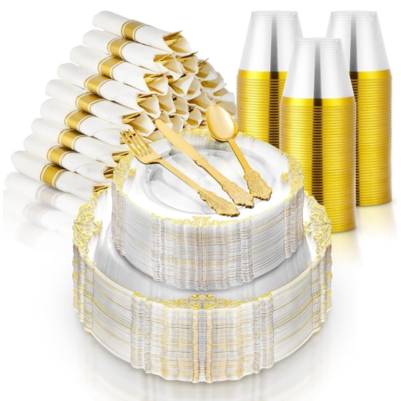 Stock Your Home Clear and Gold Plates Set with Pre-Rolled Cutlery with Napkins & Gold Cups, Dinnerware for 50 Guests (350pcs), Disposable Party Sets for Wedding, Bridal Shower, Graduation Parties