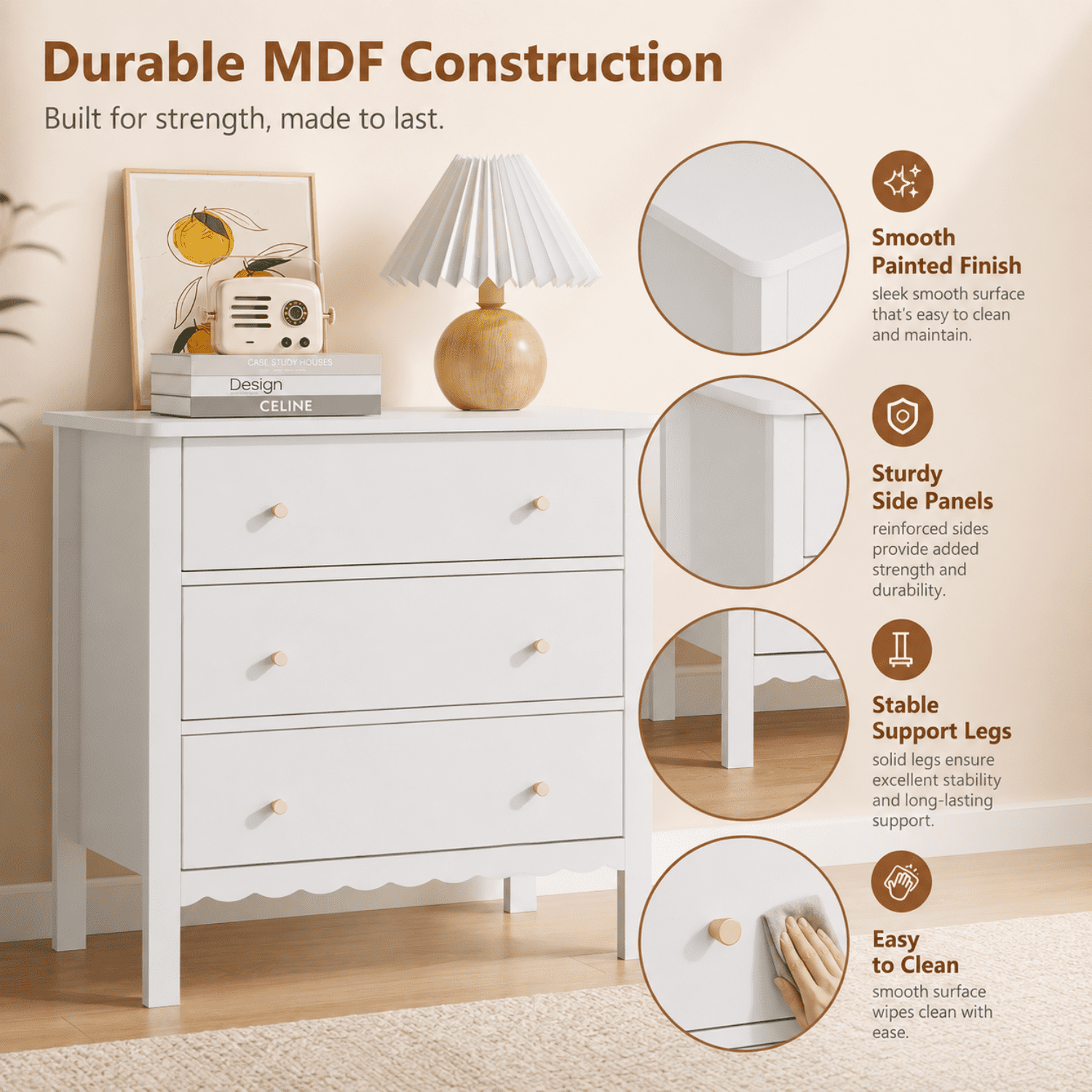Miniyam Kids 3 Drawer Dresser, White MDF Storage Chest with Gold Knobs for Kids Bedroom, Playroom and Toy Room
