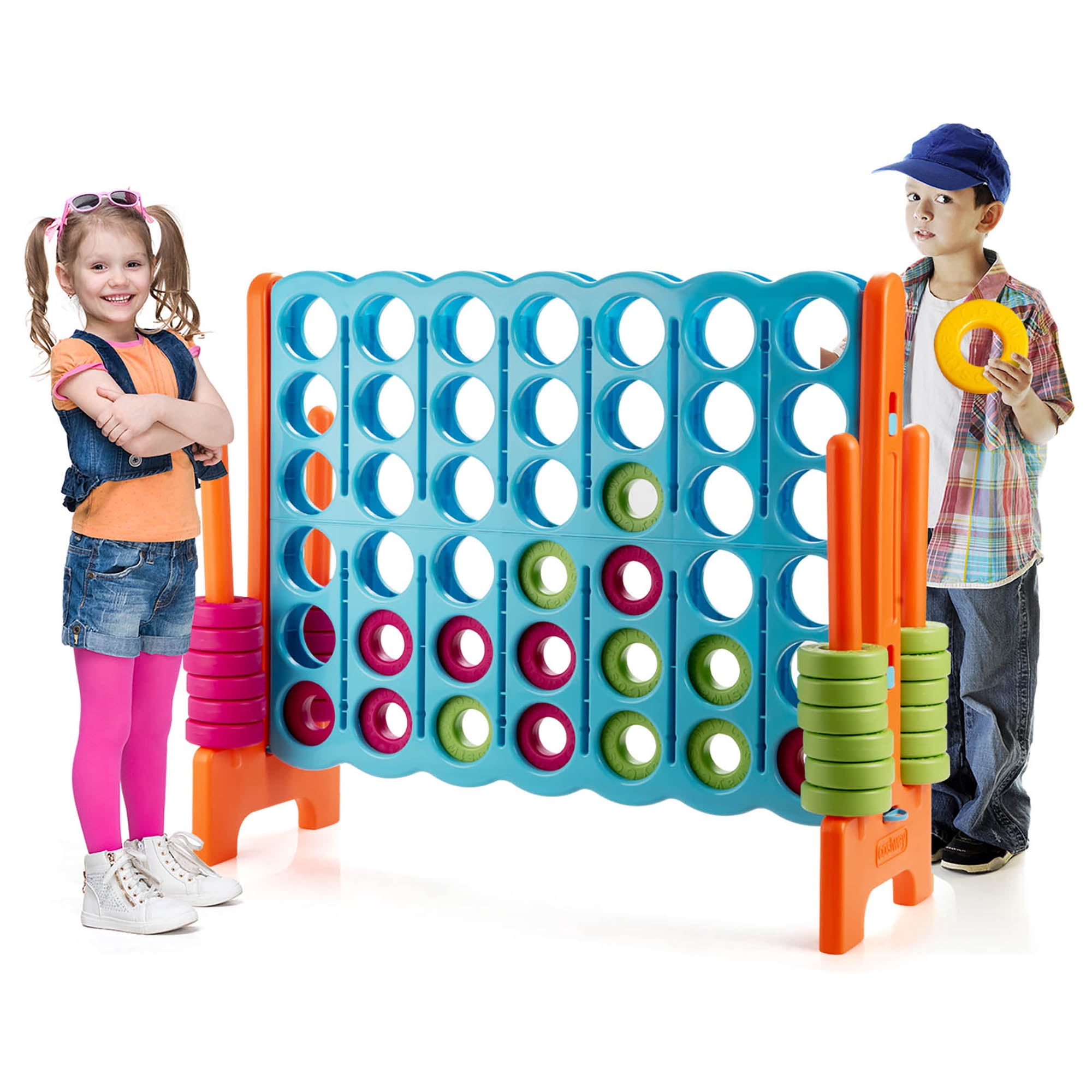 Gymax Jumbo 4-to-Score Game Set 4 in A Row Kids Adults w/ 42 Jumbo Rings Blue