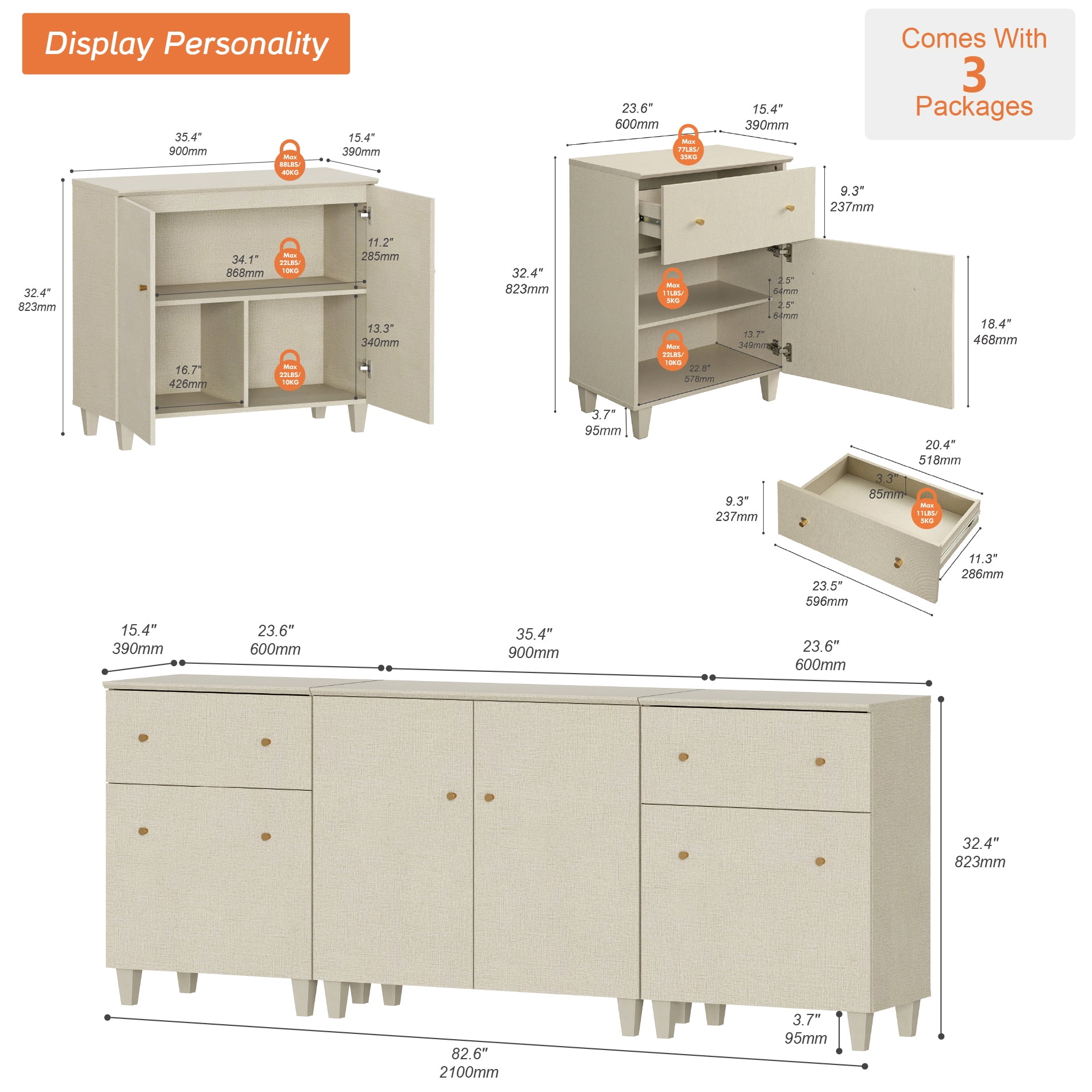 WAMPAT TV Stand for 85+ Inches TVs, 3-in-1 Modern Wooden Media Console with 2 Spacious Drawers and 3 Storage Cabinets for Living Room, Beige