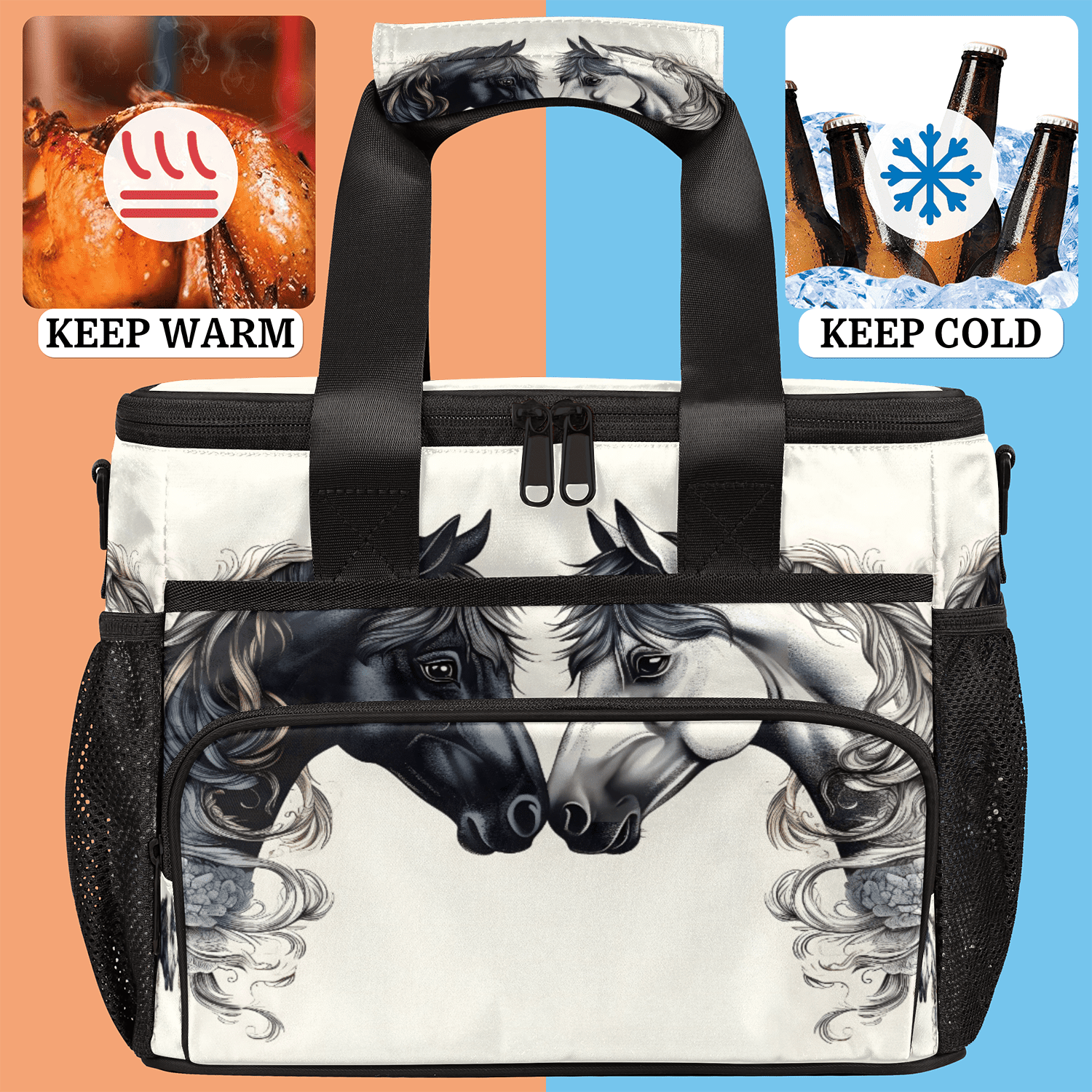 Herdesigns Horse Vintage Large Lunch Box for Adults Women Men with Adjustable Shoulder Strap, Insulated Reusable Lunch Bag Leakproof Cooler Tote Bag