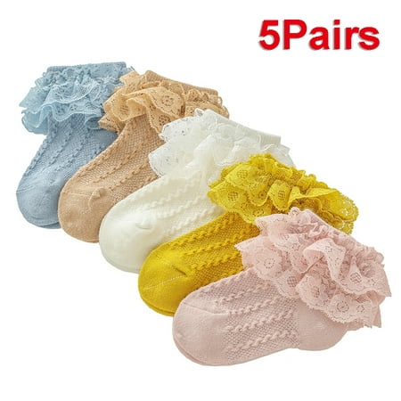 

5 Pairs 1-12years Cotton Eyelet Flower Socks Toddler Baby Child Girls Ruffle Lace Ankle Cotton Dress Socks Princess Summer(6-7Years Multicolor)