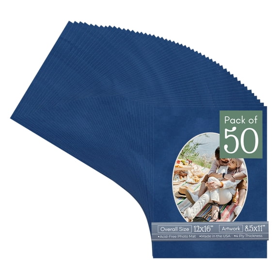Brooke Blue Suede Picture Frame Mat for 12x16 Frames - Oval Opening for 8.5x11 Photos - 50 Mats