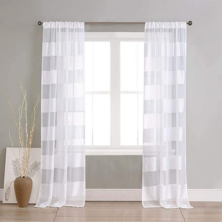 96 Inch Drapes Set of 2 Panels: White Pole Top Striped Linen Textured Window Curtain Pair: Drape for Living Room & Bedroom, 96 Inch Long ()