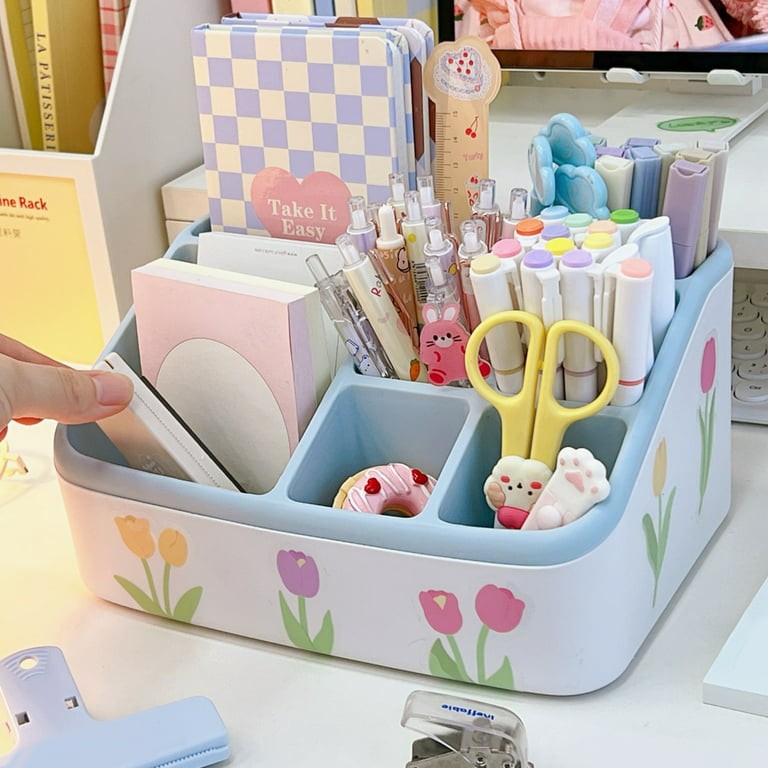 Vearear 3/6 Grid Desktop Storage Box Space-Saving Compartmented Plastic School Student Stationery Storage Box Desk Organizer for Daily Life, Size