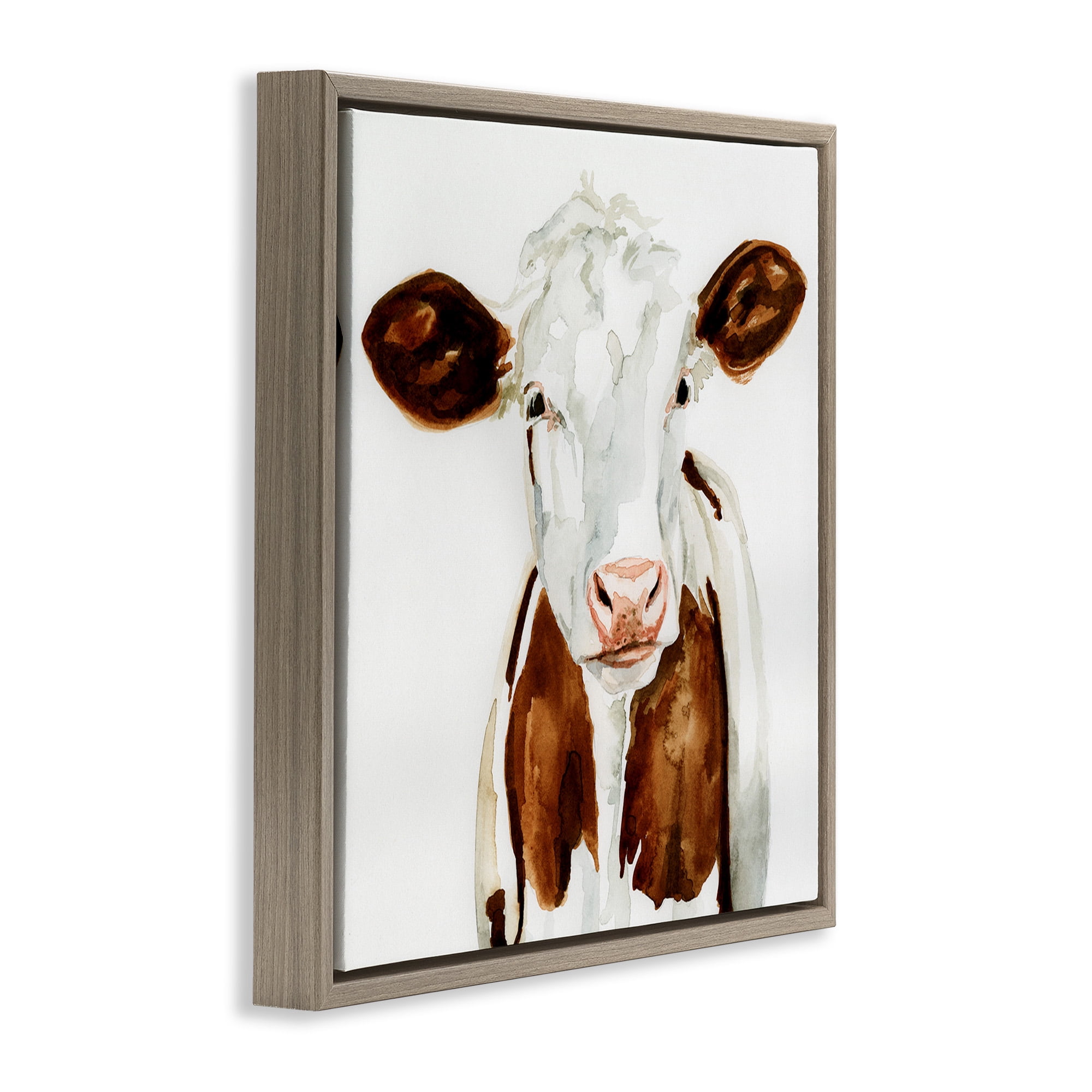 Stupell Industries Farm Cow Neutral Watercolor Animals & Insects Painting Brown Floater Framed Canvas Art Print Wall Art, 18 x 18