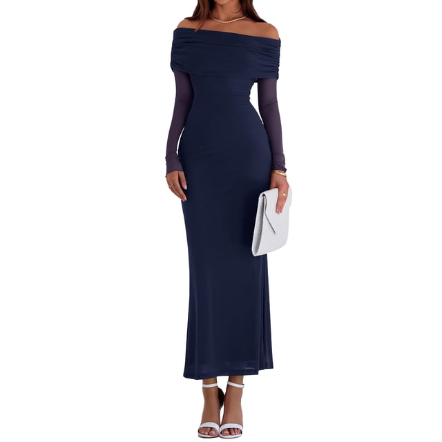 Vestido PRETTYGARDEN Ajustado con Hombros Descubiertos y Mangas Largas Azul Marino M