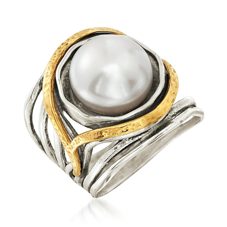 Ross-Simons 11.5-12mm Cultured Pearl Openwork Ring in Sterling Silver and  14kt Yellow Gold, Women's, Adult