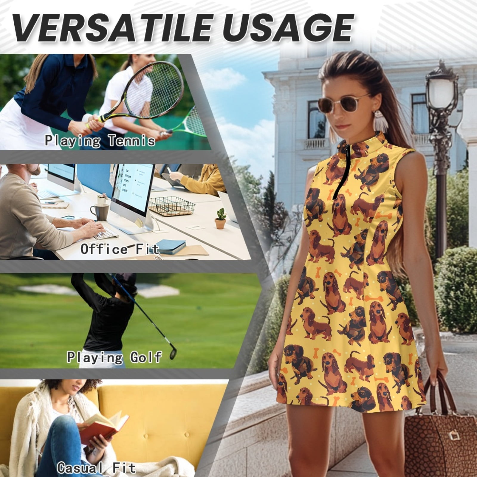 COEQINE Dachshund Bone and Polka Dot Yellow Print Women's Golf Dress with Built in Shorts and Pockets Sleeveless Soft Exercise Dresses 2 Piece Set Zip Up Workout Outfits, S