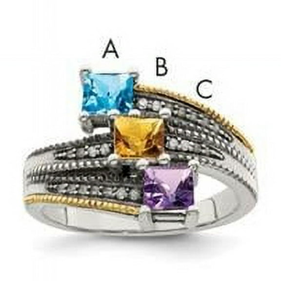 Sterling Silver Antiqued w/14k 3-stone w/Diamond Mother's Semi-Mount Ring QQMR12/3-8