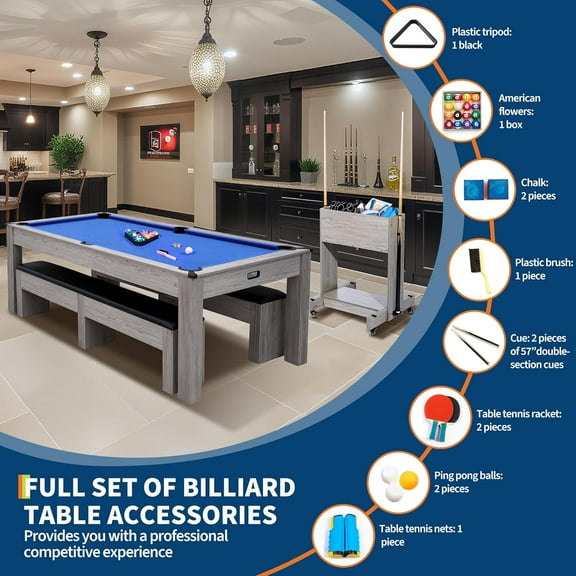 Historyli 3-in-1 Billiard,7FT Convertible Pool Table,Dining Table & Ping Pong,Includes Rolling Storage Cart,Cue Sticks,Balls,Table Tennis Set,Game Table for Home & Game Rooms,Blue