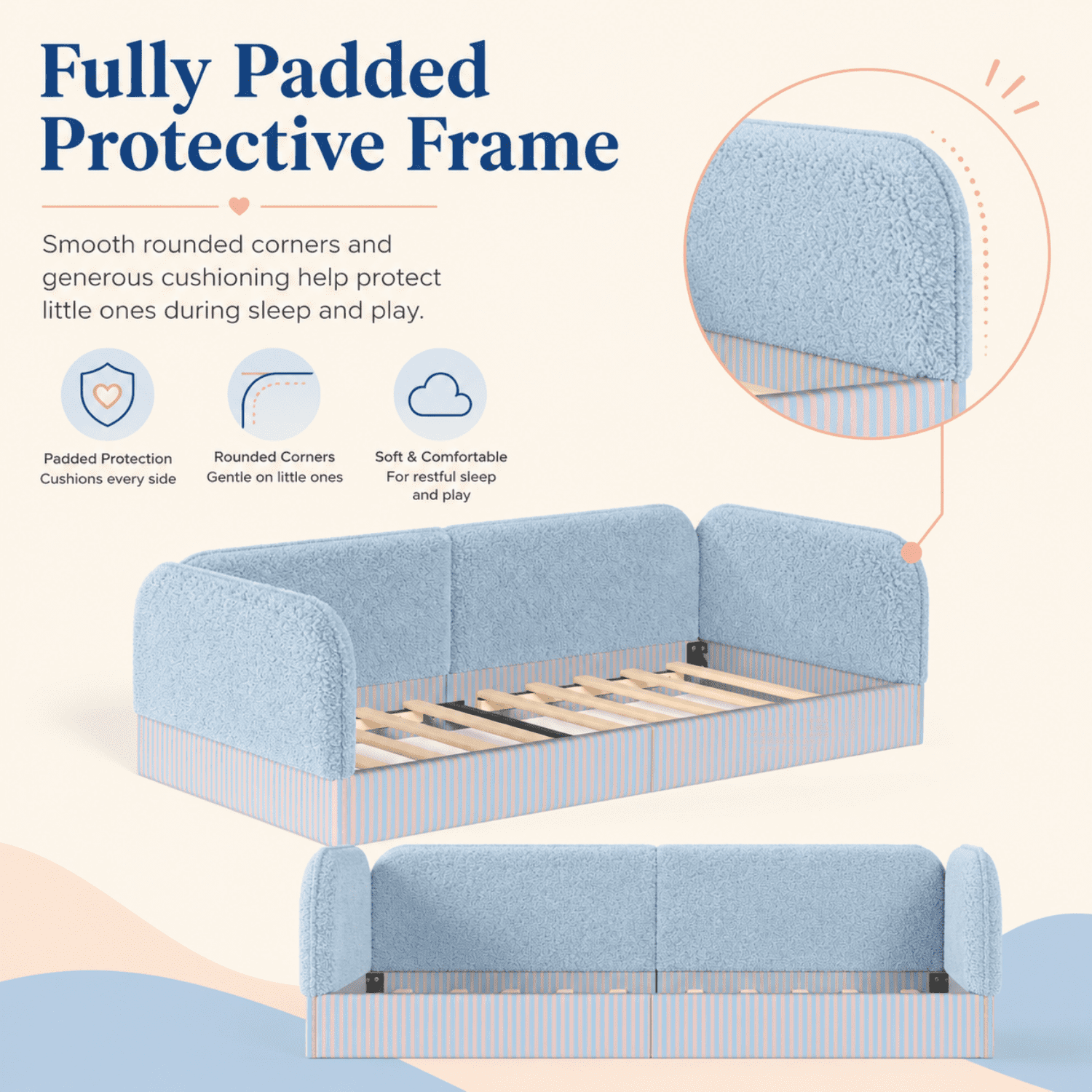 Miniyam Twin Kids Floor Bed with Padded Guardrails, Teddy Fleece Upholstered Montessori-Inspired Bed, Blue