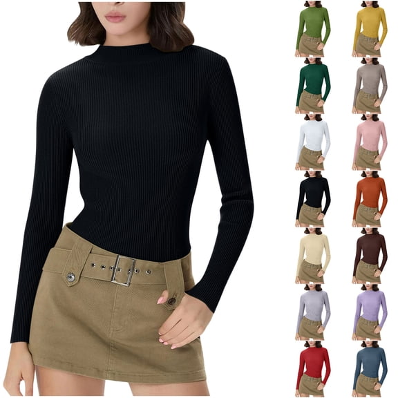 Women's Ribbed Knit Long Sleeve Mock Neck Slim Fit Thermal Base Layer Top Stretchy Lightweight Sweater Shirt for Fall Winter Black S