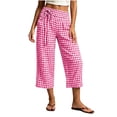 thumbnail image 6 of Nmnitkp Women's Gingham Plaid Capri Pants with Pockets Drawstring Elastic Waist Straight Leg Casual Summer Cropped Trousers for Beach Lounge Daily Errands Wear Pink,L, 6 of 8