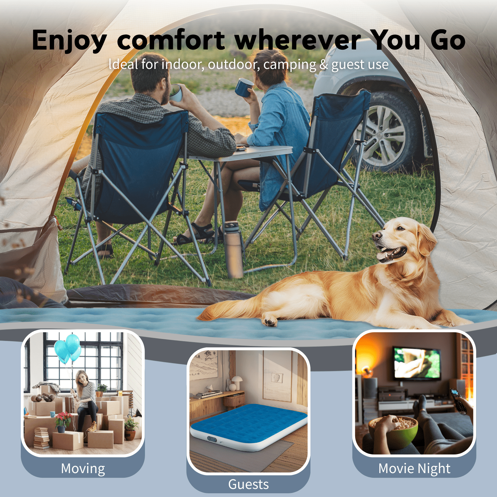 Queen 10" Top Flocking Air Mattress with Built-in Pump Raised Comfort,Fast Inflation/Deflation Foldable Portable Air Bed with Storage Bag for Home,Camping,Guests Blue