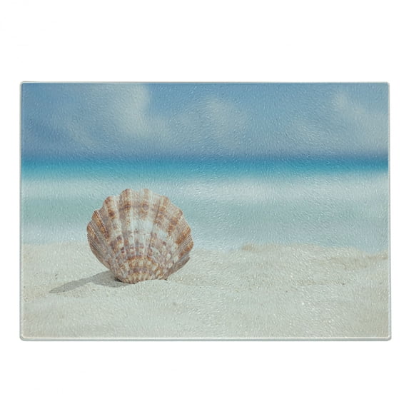 Scallop Cutting Board, Photo of a Single Sea Shell on a Sunny Tropical Sandy Beach Carribean Ocean, Decorative Tempered Glass Cutting and Serving Board, in 3 Sizes, by Ambesonne