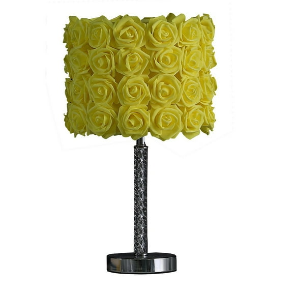 Bloom Roses Drum Shade Table Lamp with Twisted Acrylic Base, Yellow- Saltoro Sherpi