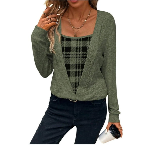 Nfurl Womens Tops Trendy Plaid Patchwork Long Sleeve Shirts Elegant Square Neck Pullover Top Fitted Plain T Shirts Going Out Winter Clothes Army Green XL