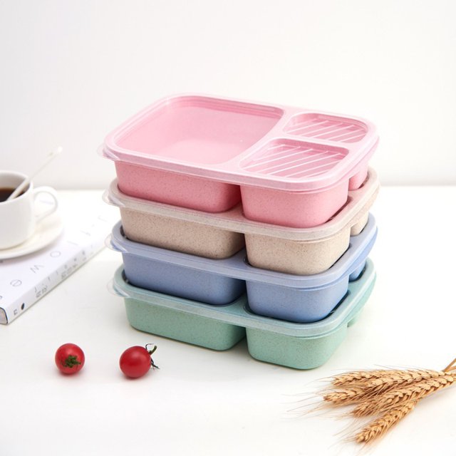 Paquete de 4 fiambreras Bento con compartimentos de paja de trigo, recipientes de plástico para almacenamiento de alimentos, aptos para microondas y lavavajillas