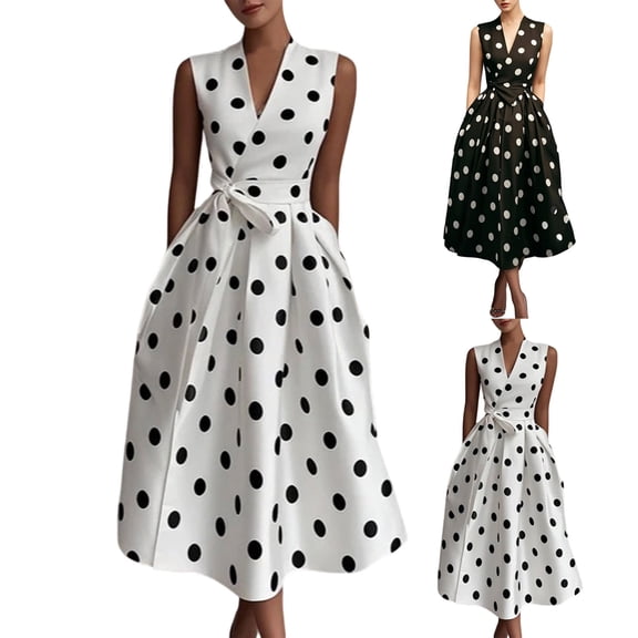 Women's Sleeveless V Neck Polka Dot Midi Dress, High Waist Flared A-Line Retro Swing Casual Dress with Side Pockets White XL(XL)