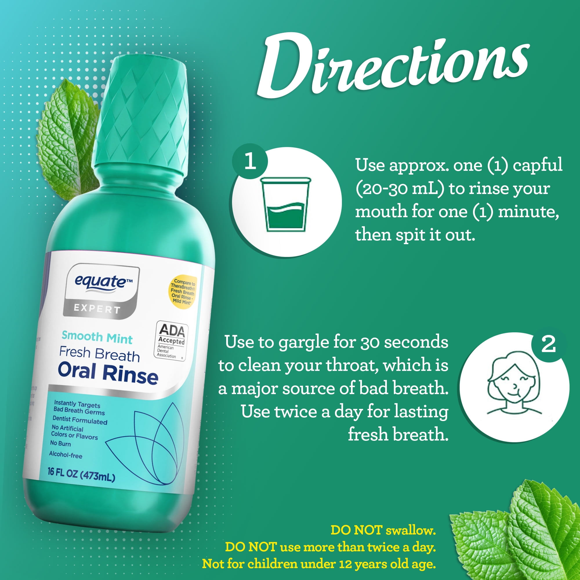 Equate Fresh Breath Oral Rinse, Alcohol-Free Mouthwash, Smooth Mint, 16 Fl Oz