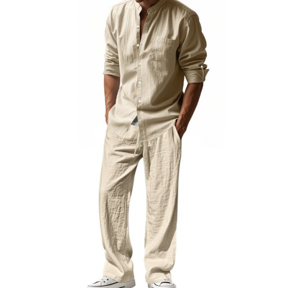 Fabrcox Men Linen Short Sets Outfits 2 Piece Long Sleeve Button Up Shirts and Beach Pants Relaxed Fit Vacation Casual Men’s Lounge Set Khaki XL