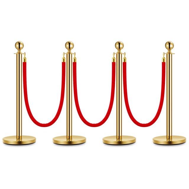 Elegant Gold Stanchion Posts with Red Velvet Ropes - 4-Pack Premium VIP Event Barrier for Red Carpet, Weddings, Premieres & Upscale Crowd Management