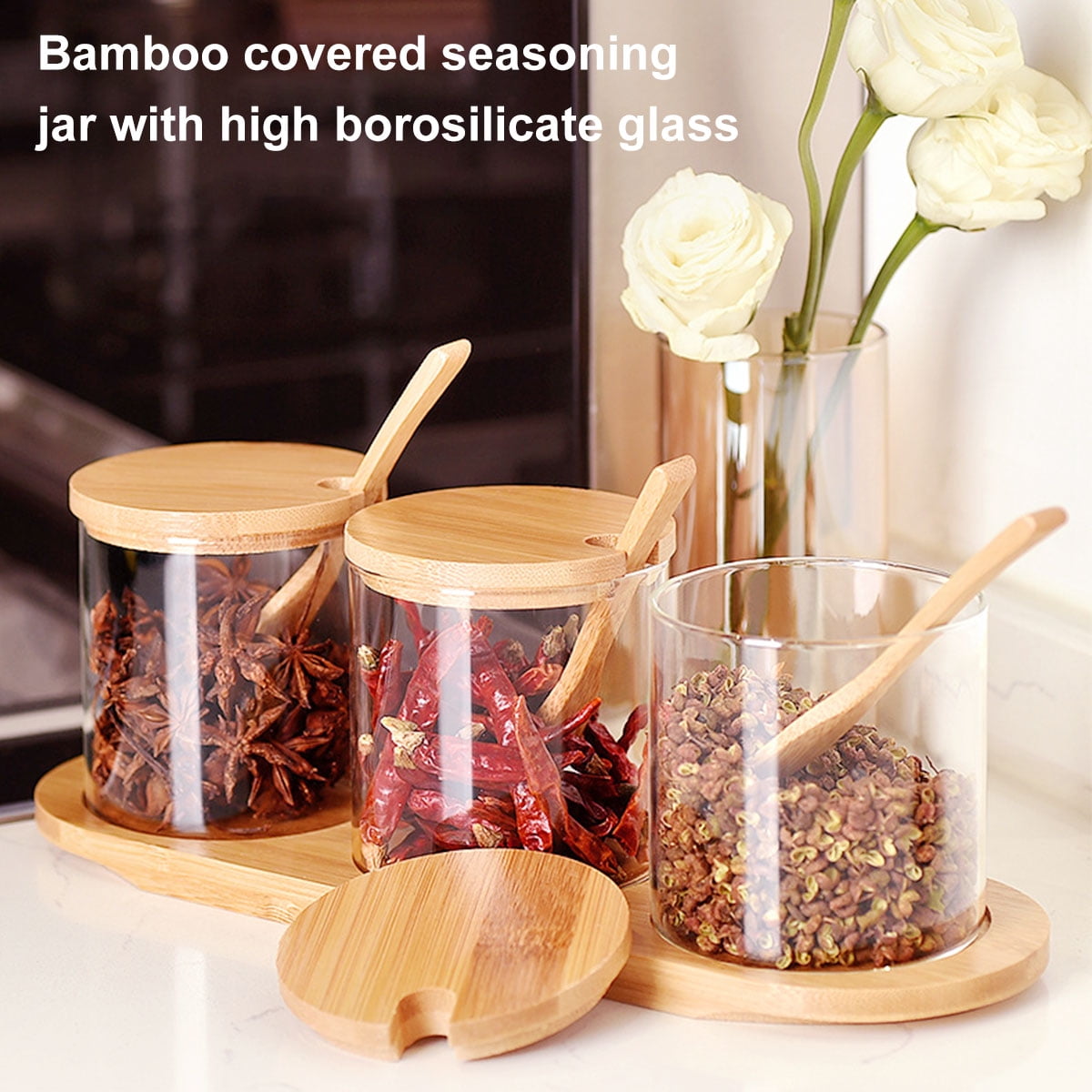 Set of 6 Spice Jars with Bamboo Lids, 16oz Glass Jars with Airtight Bamboo  Lids & Bamboo Spoons Labels Pen Clean Brush Glass Storage Containers for