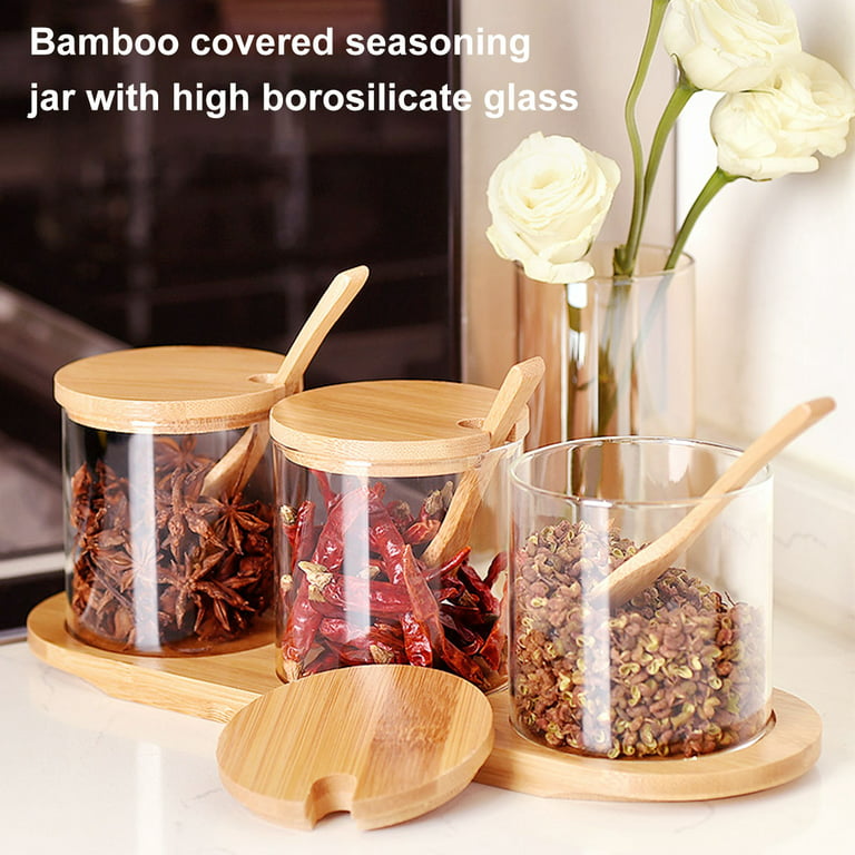 Protoiya 6 Pcs Condiment Jar with Bamboo Lid Glass Seasoning Container with Spoon Tray Glass ,Reusable Heat Resistant Washable Seasoning Storage Jar