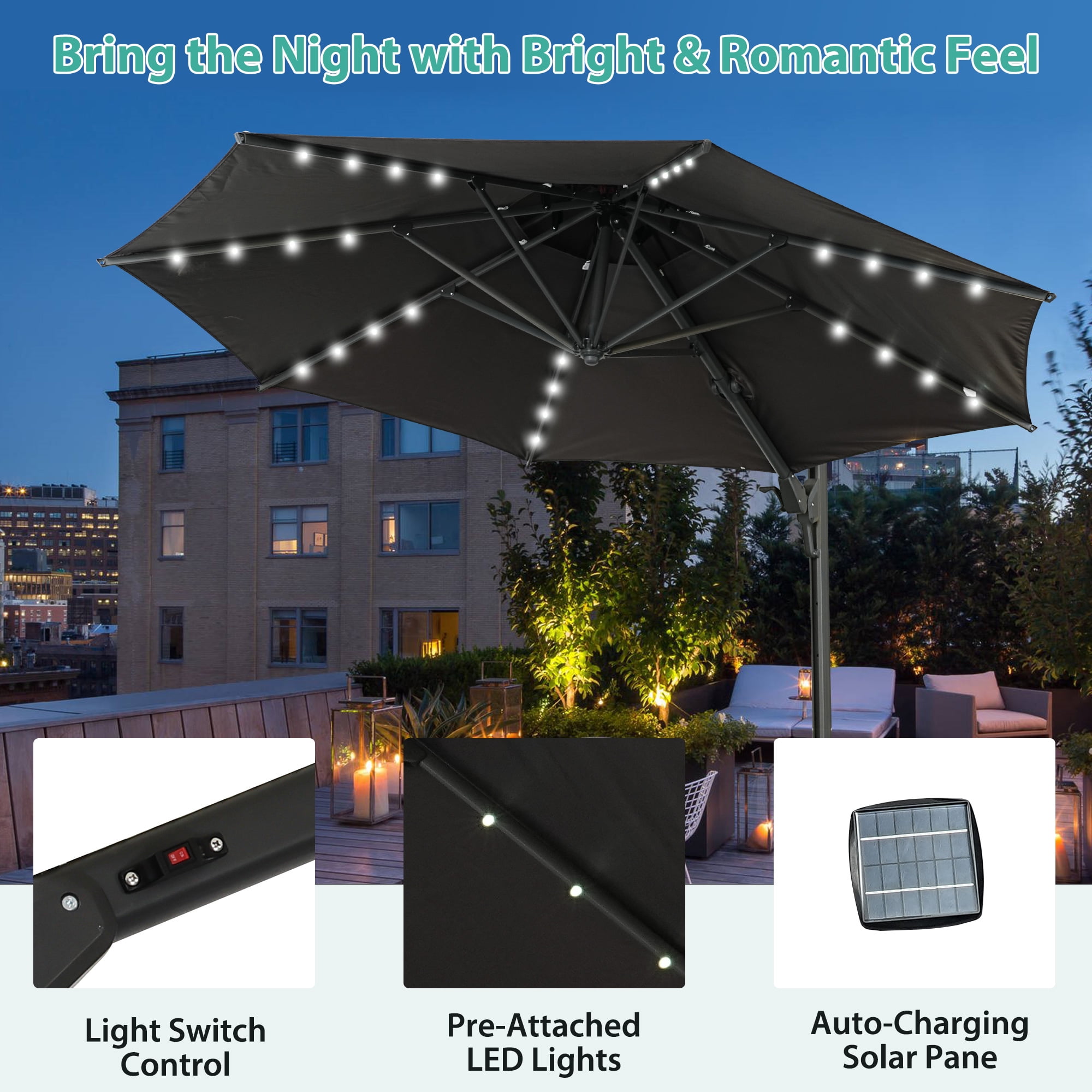Autlaycil 10' Patio Cantilever Umbrella with Solar Lights, 5 Years Fade Resistance, Aluminum Offset Umbrella with 360-degree Rotation, Grey