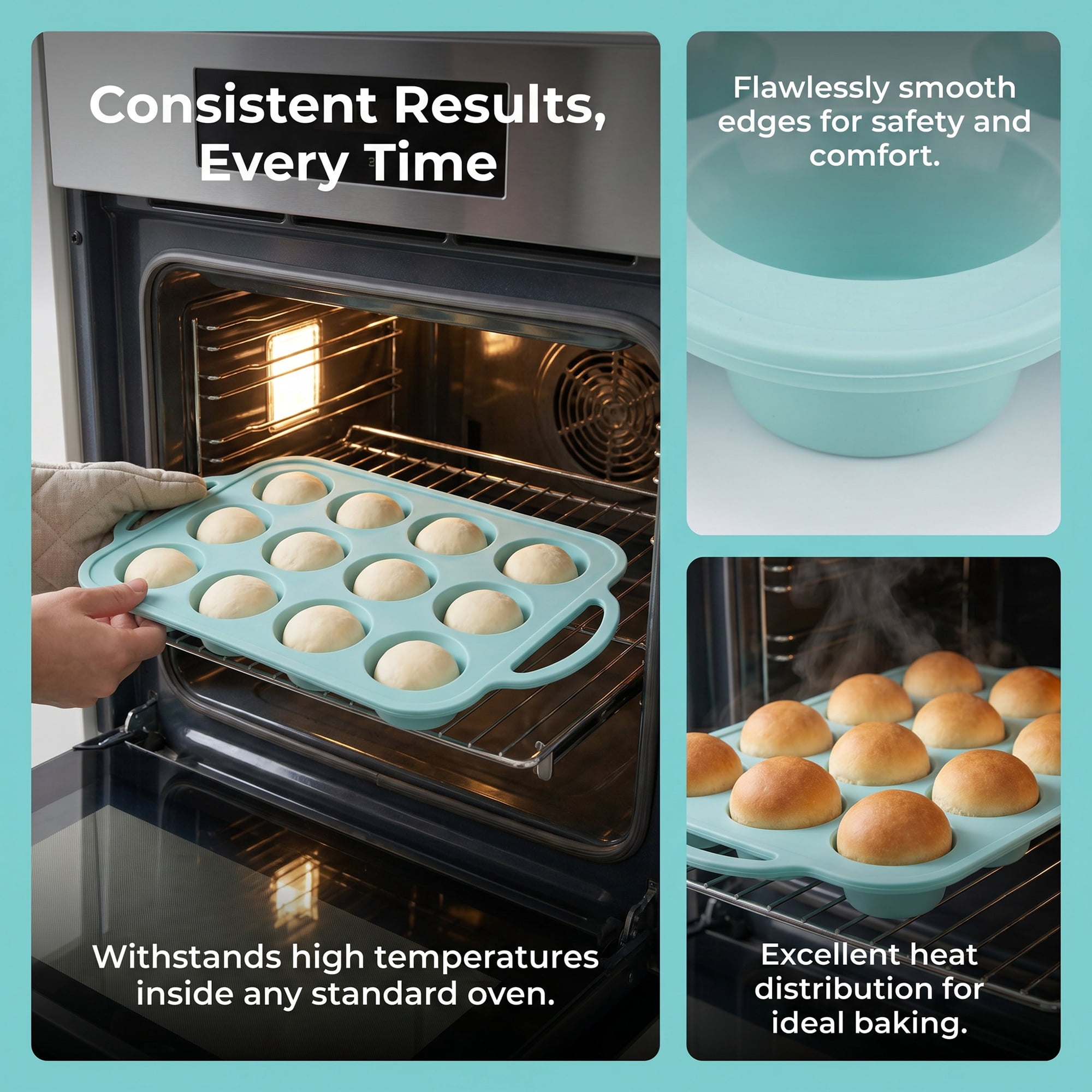 Unique Bargains Baking Pan 12-Cup Nonstick Silicone Tray with Dual Handles Green 14.8"x8.9"x1.3"