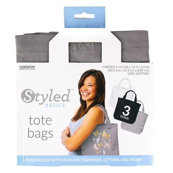Styled Basics, Multicolored Canvas Tote Bags with Straps, 3-Pack, 100% Cotton, 13.5 x 13.5 x 3.5, Packaging May Vary