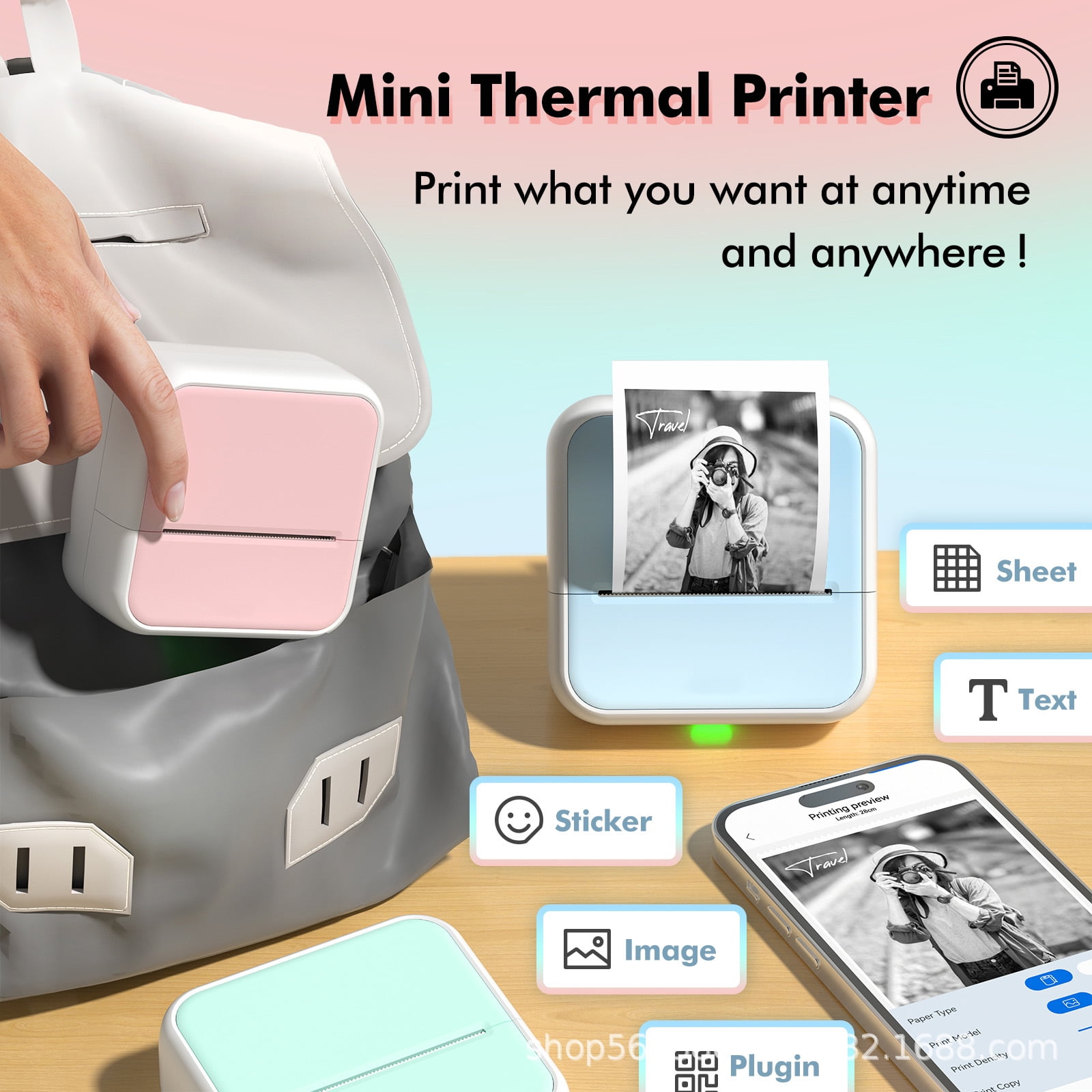 Portable Thermal Printer Inkless Printers Bluetooth  Mini Sticker Maker Machine with 1 Rolls Printing Paper for Study Notes Pictures DIY Label