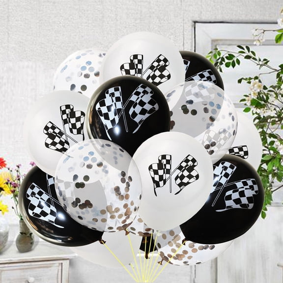 WHAMVOX 15 Pcs Party Balloons Racing Flag Sequin Confetti Balloons Inflatable Balloons (5 Pcs White   5 Pcs 5 Pcs Silver Confetti Balloons)