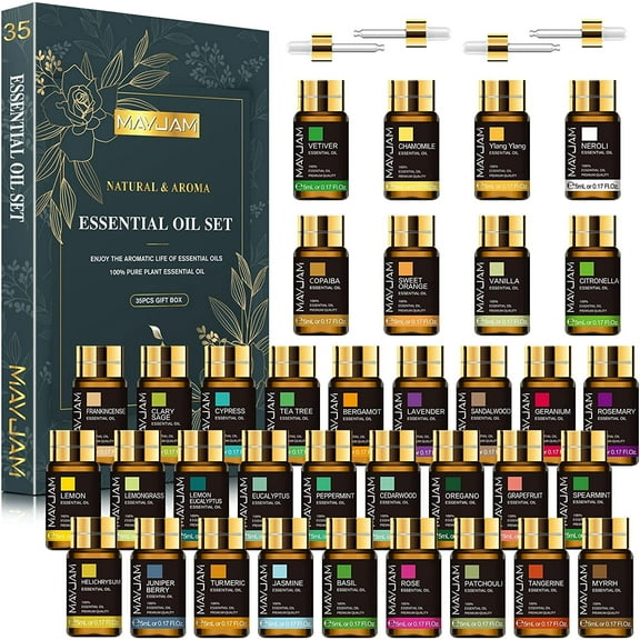 MAYJAM 35x5ml Essential Oil Gift Set for Skin Care & Hair, Air Freshener, Fragrance Oils Scented Oils for Christmas