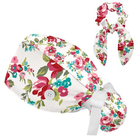 

Working Cap with Buttons and Sweatband Scrub Hat Bouffant Caps with Scrunchie Watercolor Roses Tie Back Hats