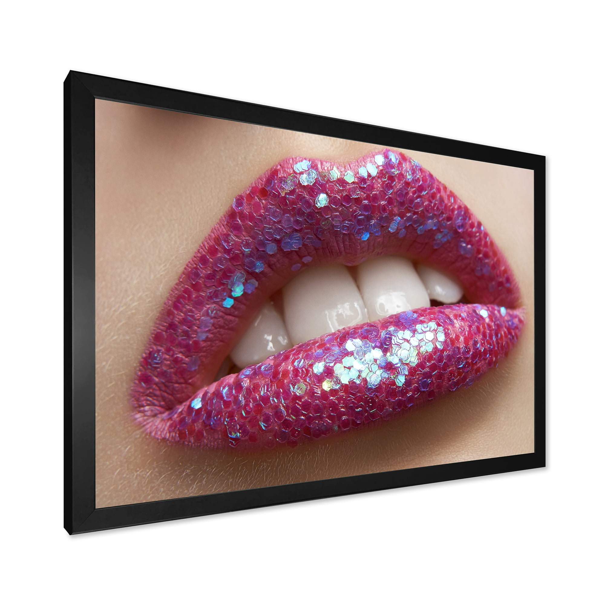 Designart 'Girl Lips Pink Lipstick and Sequins' Modern Framed Art Print