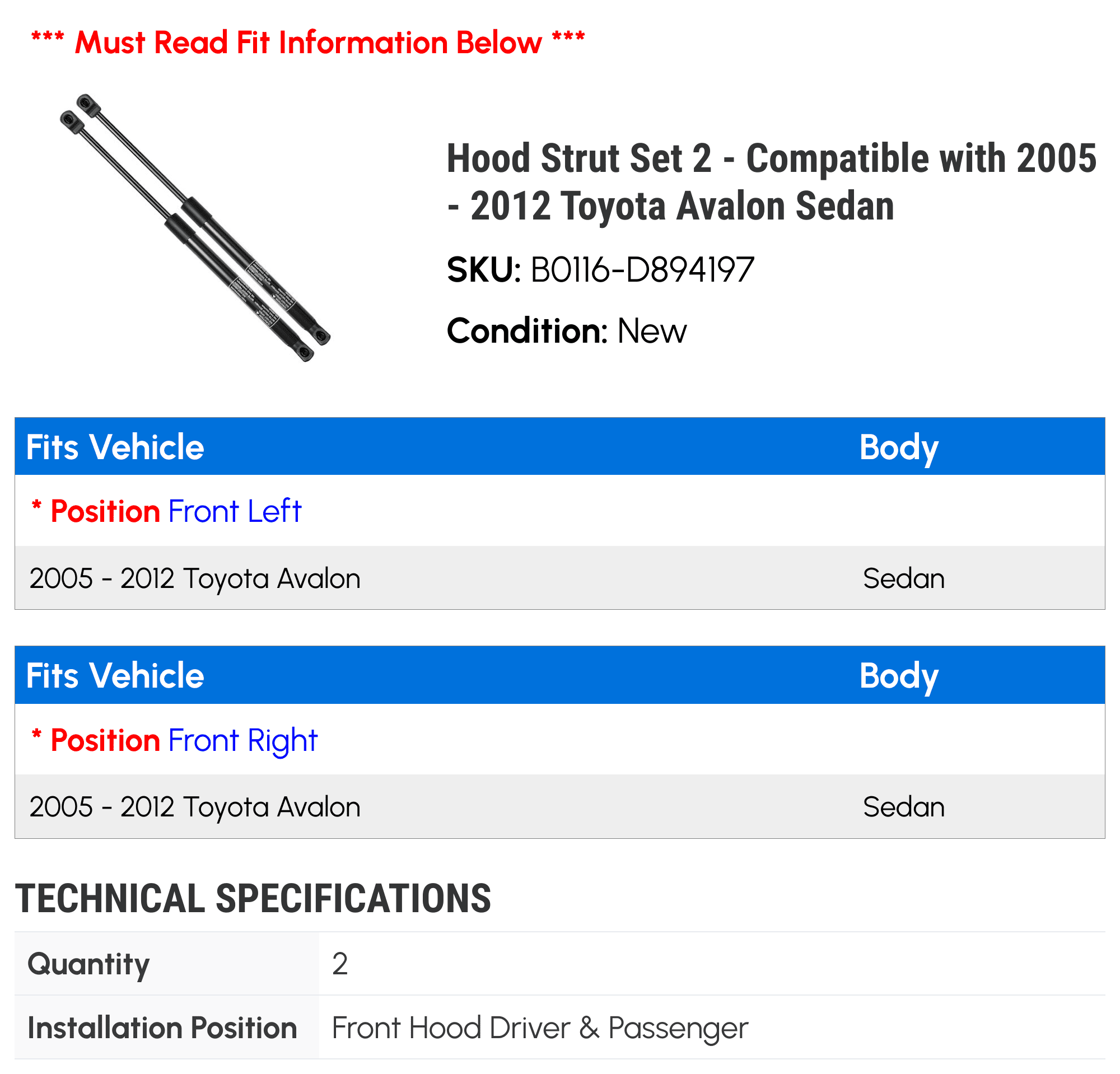 Hood Strut Set 2 - Compatible with 2005 - 2012 Toyota Avalon Sedan - Autopart Premium