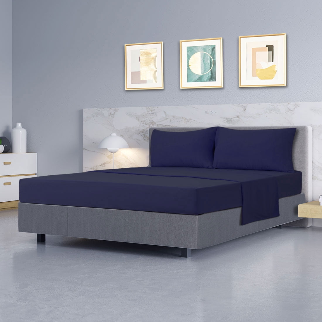 Unique Bargains 4 Piece Brushed Polyester Bed Sheets Set King Navy Blue