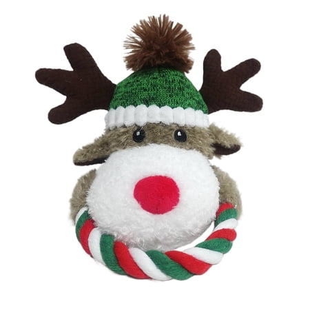Vibrant Life Holiday Plush Dog Toy with Rope, Reindeer, Brown, Red, and Green, 11"