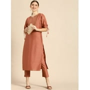 Janasya Indian Round Neck Half Sleeve Embellished Peach Poly Silk Kurta With Pant For Women