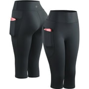 NELEUS Womens Yoga Capris Leggings For Workout With Pockets Tummy Control High Waist,Black+Black+Black,US Size M