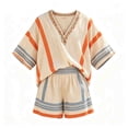 thumbnail image 5 of Girls Summer 2 Piece Outfits Striped V Neck 3/4 Sleeve Loose Fit Top and Elastic Waist Shorts Set Trendy Color Block Matching Sets Casual Resort Wear Beach Vacation Travel Outfits, 5 of 5