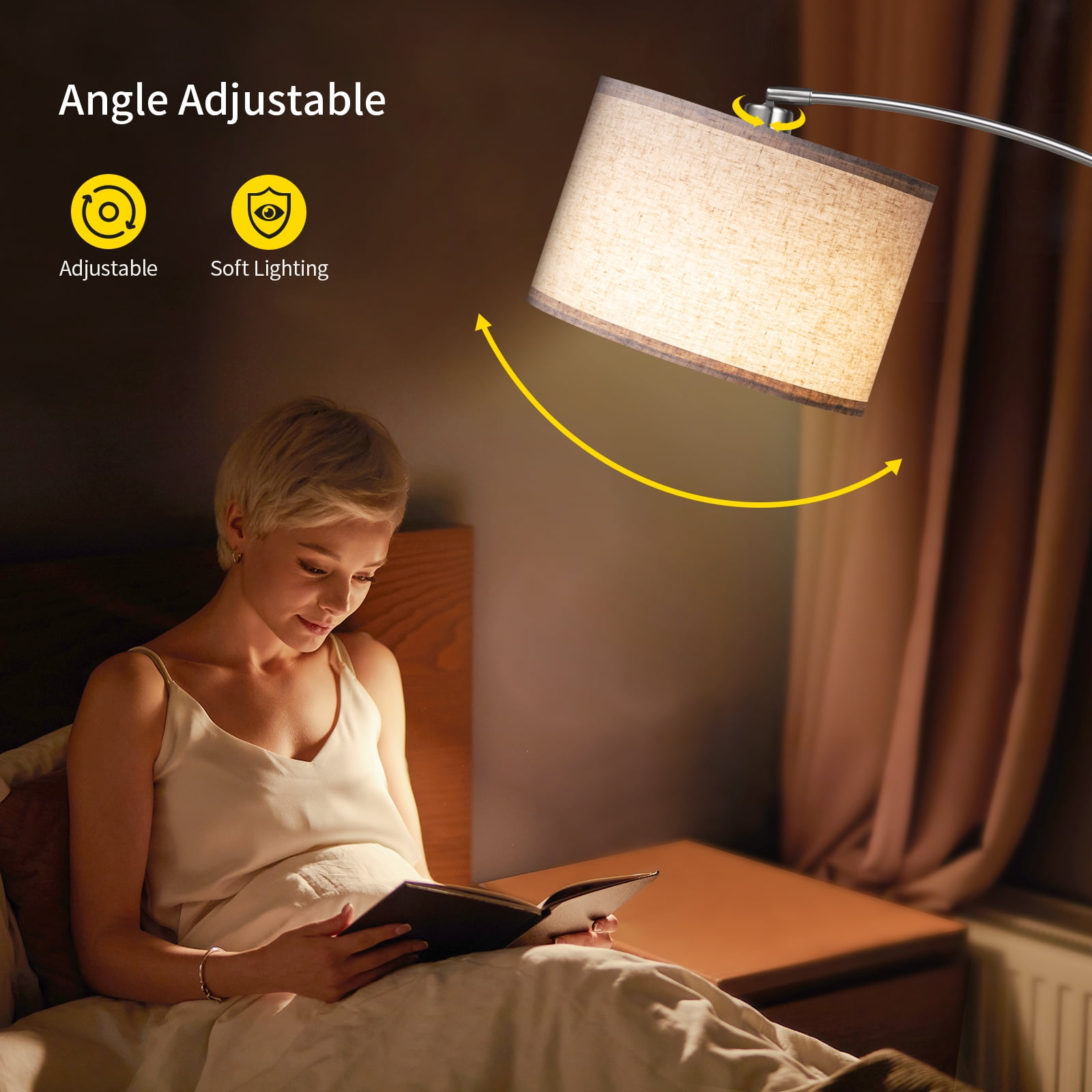 SUNMORY Arc Floor Lamp with Remote, Modern Floor Lamp with Stepless Dimmer, Tall Lamp with Hanging Drum Shade, Iron, Silver